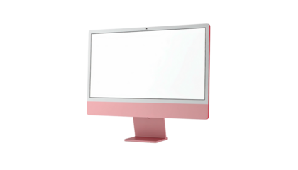 Pink desktop computer with blank white screen on black backdrop