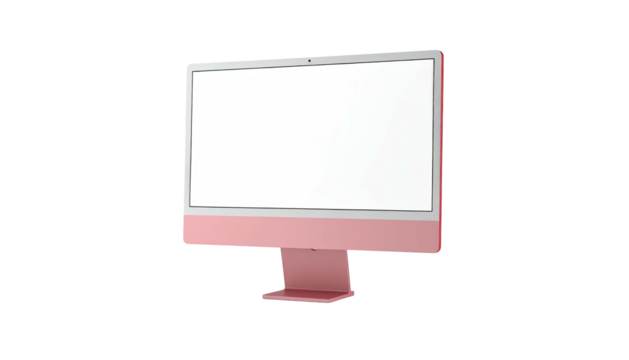 Pink desktop computer with blank white screen on black backdrop