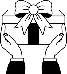 black and white illustration of two hands holding a gift