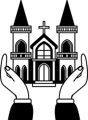 Obraz premium black and white illustration of A pair of hands holding a church
