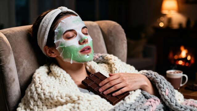 Woman relaxing on cozy armchair with green facial mask, holding chocolate bar, wrapped in knitted blanket, enjoying peaceful evening by the fireplace, embodying self-care and relaxation concept