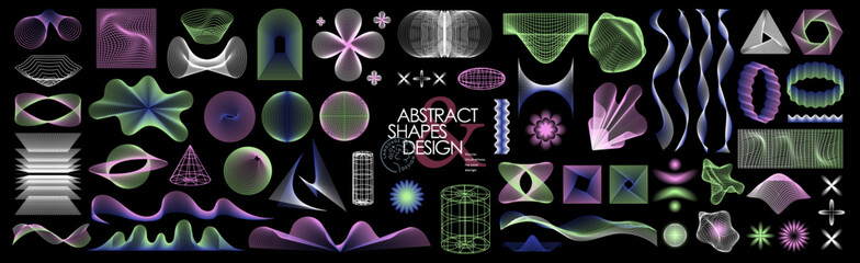 Brutalism. Abstract wireframe shapes and 3D geometry. Futuristic neon gradients for digital art, posters, UI elements, sci-fi graphics, tech branding, and modern creative design