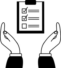 black and white illustration of two hands are holding a clipboard