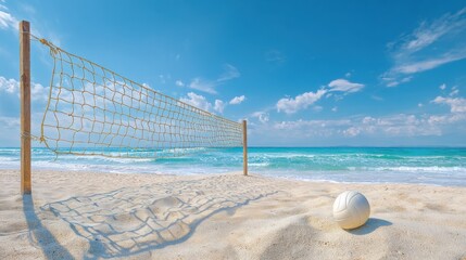 Beach volleyball setup on a sunny day with clear blue skies and gentle waves in the background near the ocean shoreline