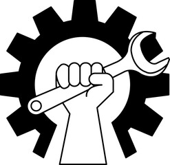 black and white illustration of A hand holding a wrench
