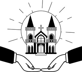 black and white illustration of two hand holding a church icon