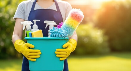 Person wearing yellow gloves holds a turquoise cleaning bucket filled with colorful cleaning supplies, showcasing a vibrant and organized approach to household cleaning tasks and chores