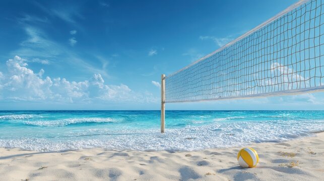 Beach volleyball court by the ocean under a clear blue sky with gentle waves and soft sand