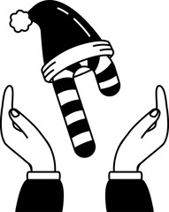 black and white illustration of two hand holding a candy cane in santa hat