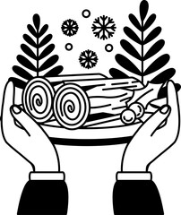 black and white illustration of two hand holding a Log cake