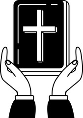 black and white illustration of two hand holding a bible book
