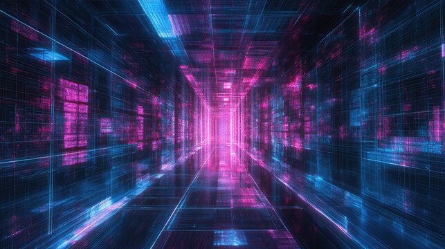 Navigating abstract digital data tunnel in virtual cyberspace