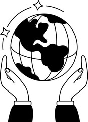 black and white illustration of two hands holding a globe
