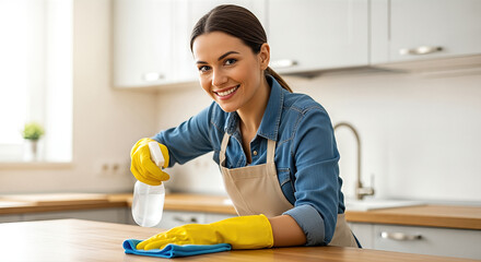 Smiling woman in yellow gloves sprays cleaning solution on wooden kitchen countertop, showcasing effective household cleaning techniques and enjoyment of maintaining a tidy home