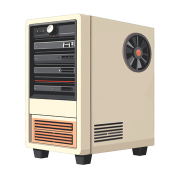 Retro beige computer tower with black fan and orange accents sits on a white background featuring multiple drive bays and ventilation grills in a pixel art style