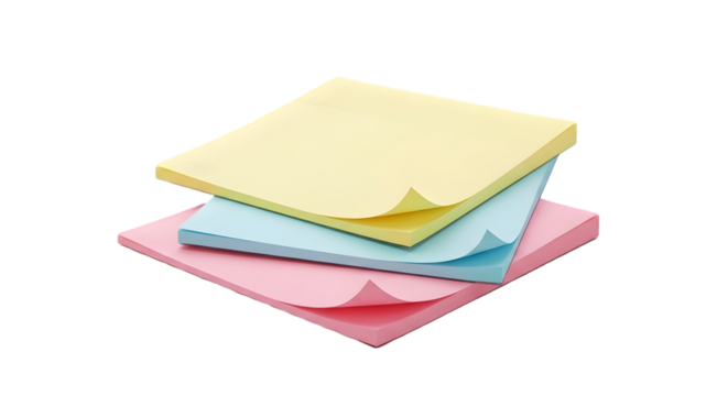 A small stack of three sticky notes slightly offset in different pastel shades, isolated on transparent background.