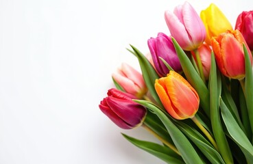 Fototapeta premium Colorful tulips arranged in a bouquet with vibrant petals and green leaves. Bunch of spring flowers isolated on plain white background. Fresh floral composition for festive occasions like Easter.