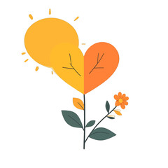 Stylized Autumn Heart Shaped Plant with Sun and Flower on White Background