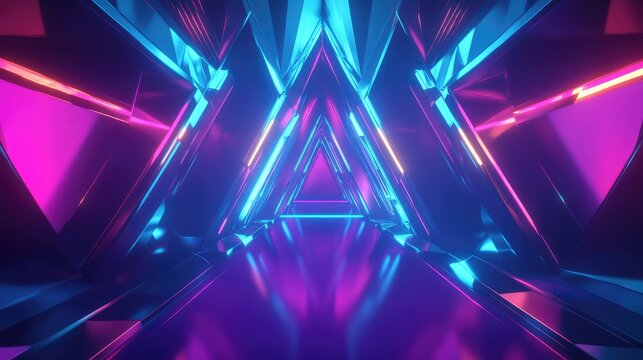 Abstract neon triangle tunnel with glowing reflections
