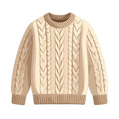 Cream Colored Cable Knit Sweater With Ribbed Cuffs And Neckline On A White Background