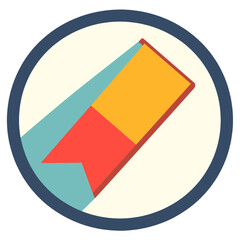 Abstract Geometric Icon with Red Yellow and Blue Shapes Casting Long Shadows on a Light Yellow Circular Background Inside a Dark Blue Ring