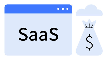 SaaS displayed on a browser window with a money bag symbol and cloud icon emphasizing financial growth, cloud computing, and digital solutions. Ideal for finance, tech, startups, e-commerce