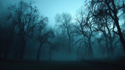 Mysterious fog envelops a quiet forest in the early morning light creating a serene and haunting atmosphere