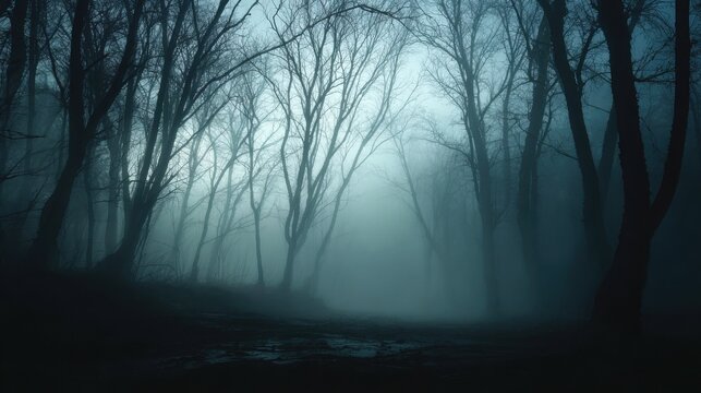 Dense fog envelops a dark forest in the early morning, creating an eerie, mysterious atmosphere among the leafless trees