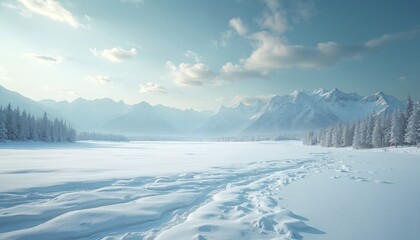 Snowy vast field with distant snow capped mountains. Evergreen trees line snowy plain. Clear sky with clouds. Footprints cross snow surface. Peaceful winter day.