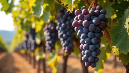 Fototapeta premium Close up shot shows grapes growing on vines in vineyard row during sunny day. Bunches of grapes mature. Harvest season is here. Rows of vines extend, landscape is amazing.