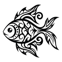 Ornate monochrome fish swims gracefully, featuring detailed tribal designs on its body and fins