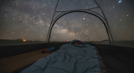 View from inside a tent with a sleeping bag, looking out at the milky way and starry night sky, capturing the beauty of camping