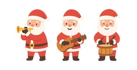 Three cheerful Santa Claus characters play Christmas musical instruments merrily.