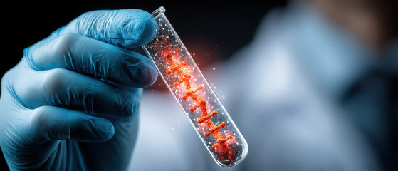 Scientist wearing blue gloves holds test tube containing glowing red DNA helix, symbolizing genetic research and innovation. image conveys sense of scientific discovery and advancement