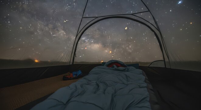 View from inside a tent with a sleeping bag, looking out at the milky way and starry night sky, capturing the beauty of camping