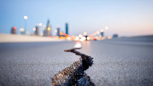 Ruptured Roadway: A macro shot captures the stark reality of a cracked road with a city skyline in the distant background, depicting the themes of fragility and the relentless forces of nature.