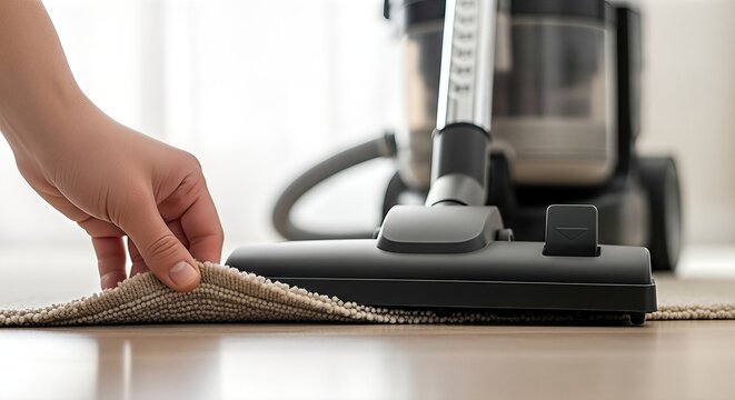 Hand of a person lifting a carpet while vacuuming a clean floor with a modern vacuum cleaner, showcasing effective cleaning techniques and household maintenance