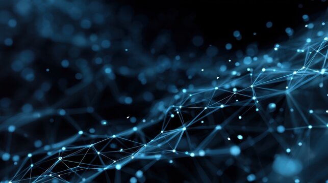 Abstract digital network visualization with glowing particles and lines representing data connections in a dark background