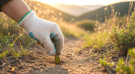 Placing a pebble on a hiking trail, a person wearing gloves marks the path for others to follow, helping to preserve the natural environment
