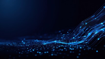 Abstract digital wave with bright blue lights flowing across a dark background demonstrating technology and innovation