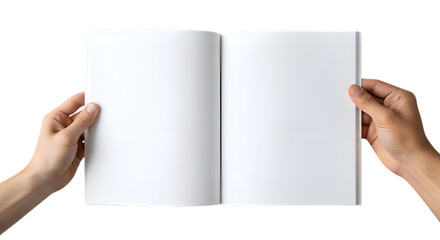 Hands holding open blank white book isolated on transparent background