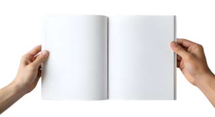 Hands holding open blank white book isolated on transparent background
