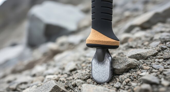 Closeup of the tip of a trekking pole on a rocky surface, showcasing the durable metal tip and the textured grip, ideal for outdoor adventures