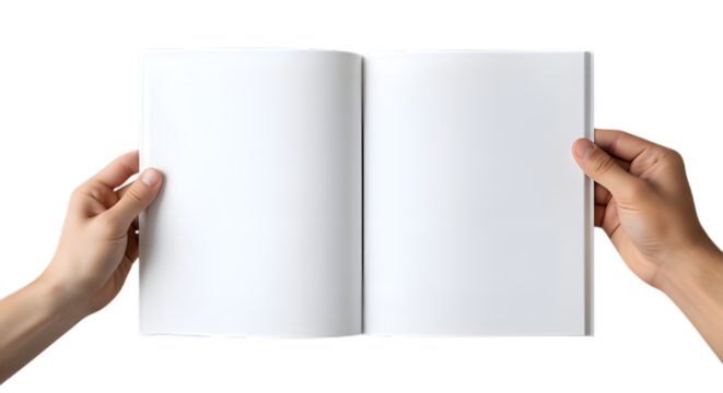 Hands holding open blank white book isolated on transparent background