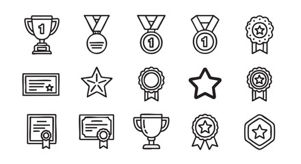 Outline illustration of awards and achievements with trophy medal and certificates