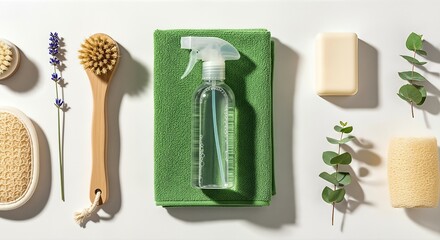 Cleaning supplies arranged on a green towel, featuring a spray bottle, natural brushes, sponges, and decorative elements, embodying a fresh and organized home cleaning concept