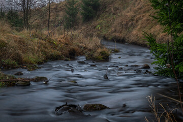 Bystrice small river in Krusne mountains in cloudy autumn morning