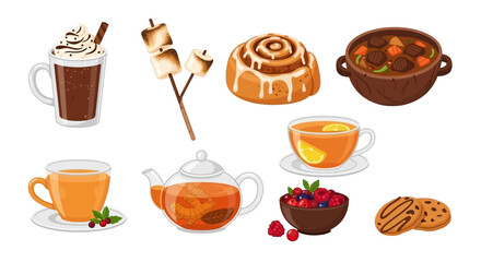 Collection of cozy autumn and winter food and drink illustrations.