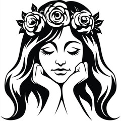 Peaceful darkhaired woman with closed eyes rests her head upon her hands wearing floral crown