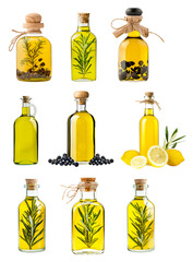 Assorted glass bottles filled with golden olive oil and fresh herbs or leaves, isolated on white background, concept of natural cooking